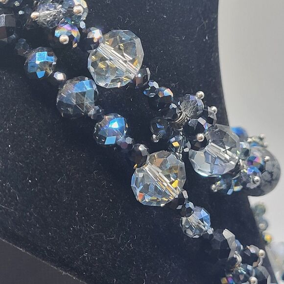 Snowflake Obsidian, Faceted Crystal, AB Oil Spill, Artisan Beaded Necklace 40in - Picture 5 of 11